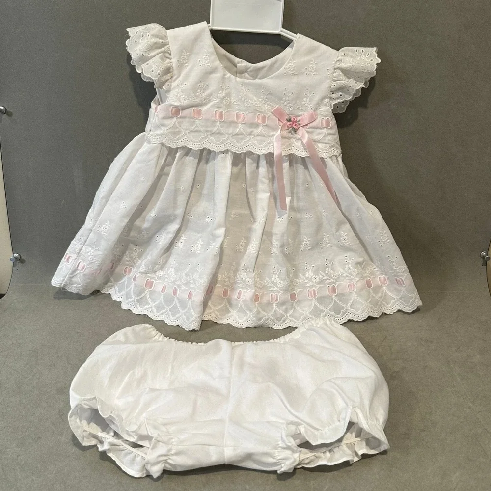 Vintage‎ Baby Girl White Eyelet Lace Dress Bloomers Set Pink Ribbon 12 Months